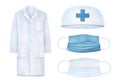 Watercolor illustration collection of medical uniform objects: doctor coat, cap, cross symbol, blue and white face masks. Royalty Free Stock Photo