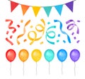 Watercolor illustration collection of rainbow colored flag banner, party streamer decoration and air balloons.