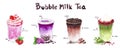 Watercolor illustration Collection of Taiwan Milk Bubble Tea with tapioca pearls, iced coffee, fruit smoothie and other sweet