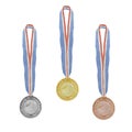 Watercolor illustration collection of three winner medals. Gold, silver and bronze sport medal. Round shape, with bright red and Royalty Free Stock Photo