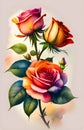 Watercolor illustration of colorful bunch bouquet of roses. AI generated