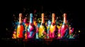 Watercolor illustration colorful champagne bottles set on a black background Royalty Free Stock Photo