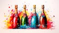 Watercolor illustration colorful champagne bottles set on a pink background Royalty Free Stock Photo