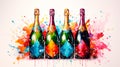 Watercolor illustration colorful champagne bottles set on a pink background