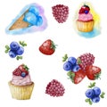 Watercolor illustration, colorful dessert in tartlets, ice cream in a waffle Cup, berries.