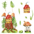 Watercolor illustration, colorful house on a stump, trees, mushrooms, plants.