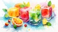 Watercolor illustration of colorful jelly cubes with fruit and berries. Ideal for art prints, recipe book, culinary blog Royalty Free Stock Photo