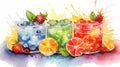 Watercolor illustration of colorful jelly with fruit and berries. Ideal for art prints, recipe book, culinary blog Royalty Free Stock Photo