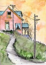 Watercolor illustration of a colorful village house with a blue roof