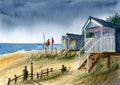 Watercolor illustration of colorful wooden summer cabins on a sandy sea or ocean shore