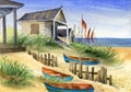 Watercolor illustration of colorful wooden summer cabins and some fishing boats on a sandy shore Royalty Free Stock Photo