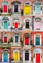 Watercolor illustration of 16 colourful front doors to houses and homes