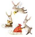 Watercolor Illustration A Company Of Magic Rabbits.