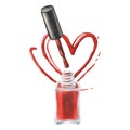 Watercolor illustration. Composition of an open bottle of red nail polish on a background of paint splashes in the shape Royalty Free Stock Photo