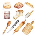 Watercolor illustration of confectionery, baking and cooking items