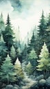 Watercolor illustration, coniferous green forest on a plain white background. Poster. Royalty Free Stock Photo