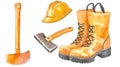 Watercolor Illustration of Construction Workers Tools and Boots Royalty Free Stock Photo