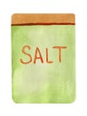 Watercolor container with salt, box simple lettering isolated on white background. For various kitchen products, etc.