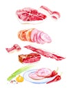 Watercolor illustration of cooked meat  set.Green onions,garlic,ham,sausage,ham,chili pepper,pork and spices. Isolated on white Royalty Free Stock Photo