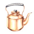Watercolor illustration of a copper teapot with a black handle Royalty Free Stock Photo