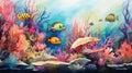 Watercolor illustration of a coral reef teeming with tropical fish, anemones, and diverse marine flora