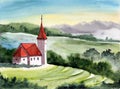 Watercolor illustration of a cottage with a red roof and a turret on a sun-drenched green hill