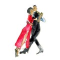 Watercolor illustration: couple, man and woman dancing tango