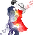 Watercolor illustration of couple romantic dancing