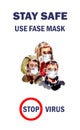 Watercolor illustration, covid world quarantine 19 coronavirus infection, group of people in protective masks, virus