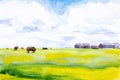Watercolor illustration of cows grazing in a meadow near the village