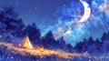 A watercolor illustration of a cozy campsite nestled in a forest clearing, with a tent, campfire, and starry sky above