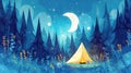 A watercolor illustration of a cozy campsite nestled in a forest clearing, with a tent, campfire, and starry sky above