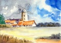 Watercolor illustration of a cozy village with a tall windmill behind a yellow field Royalty Free Stock Photo