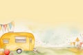 Watercolor illustration of a cozy yellow camper with festive bunting Royalty Free Stock Photo