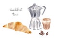 Watercolor illustration of croissant, glass, and coffee maker isolated on white background. French breakfast. Geyser coffee maker. Royalty Free Stock Photo