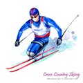 Watercolor illustration. Cross-Country Skiing. Disability snow sports. Disabled athlete riding by ski on snow. Active