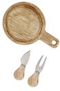 Watercolor illustration of culinary wooden brown cooking cutting boards and cheese knifes. Cheese serving kitchen utensils