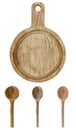 Watercolor illustration of culinary wooden brown cooking spoons and cutting board for the kitchen