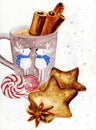 Watercolor illustration of a cup of cocoa with two deer depicted on its side Royalty Free Stock Photo