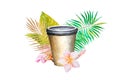 watercolor illustration a cup of coffee .tropical flowers, palm tree branch, on a white background
