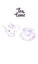 Tea time, Illustration of cup and kettle of black tea Royalty Free Stock Photo