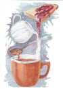 Watercolor illustration of a cup of morning coffee with milk and toast with jam. Royalty Free Stock Photo