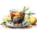 Watercolor illustration of a cup of tea with lemon and mint leaves Royalty Free Stock Photo