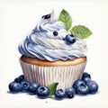 Watercolor illustration of cupcake with blueberries and mint leaves