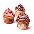 Hyperrealistic Watercolor Illustration Of Three Cupcakes With Chocolate Glaze