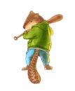 Watercolor illustration. Cute animal like humans. Humanized animal. Beaver in hoody plays baseball.