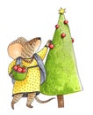 Dressed mouse decorates christmas tree with red balls