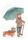 Watercolor illustration. A cute baby boy is standing under an umbrella, next to a dog. It's raining, autumn