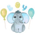 Watercolor illustration of a cute baby elephant Safari Safari animal clip art for invitations, baby shower, nursery wall