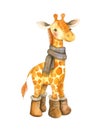 Watercolor illustration of a cute baby giraffe wearing scarf and boots.